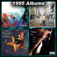 1995 Albums 1995 record album covers for Jagged Little Pill, What's the Story Morning Glory, Mellon Collie and the Infinite Sadness, and Me Against the World