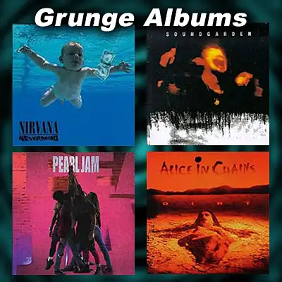 Grunge album covers Nevermind, Ten, Superunknown and Dirt