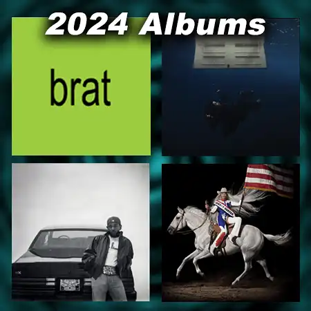 album covers for Brat, Hit Me Hard and Soft, GNX, and Cowboy Carter