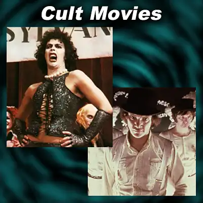 Scenes from cult movies The Rocky Horror Picture Show and A Clockwork Orange