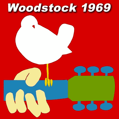 Woodstock 1969 music festival logo with white dove on guitar neck