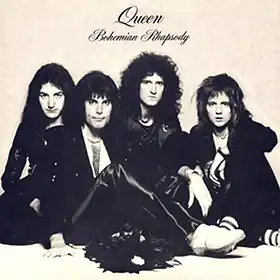 Bohemian Rhapsody single sleve cover with the band Queen sitting