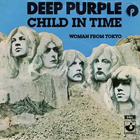 Child in Time single sleve cover with the band Deep Purple heads carved in stone