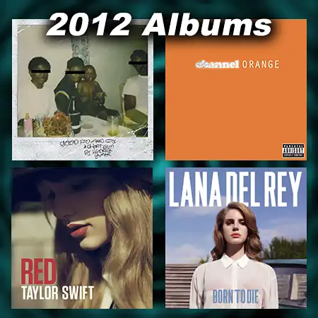 2012 record album covers for good kid, M.A.A.D. city, Channel Orange, Red, and Born to Die